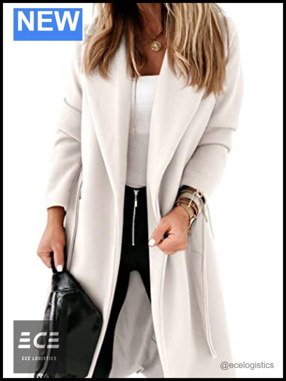 Women's Long Pea Coat Tie Belt Open Front Notch Lapel Winter
